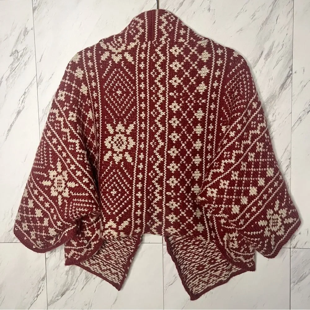 CAbi Fair Isle Shrug Cardigan Sweater Burgundy Cream Size Medium